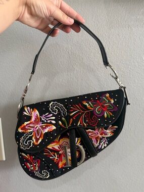 Dior Black Embroidered Butterfly Saddle Bag with Multicolor Accents